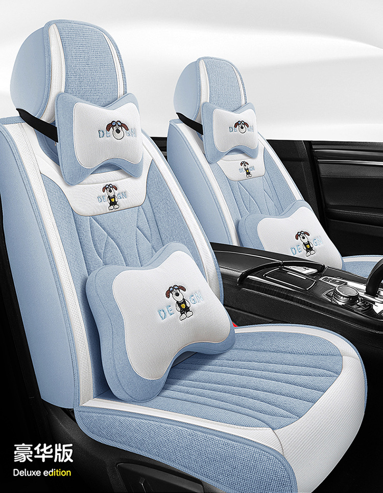 Car Seat Cushion Full Surround, Universal for All Seasons, Cartoon Linen Fabric Car Seat Cover, Special Seat Cover for Small Cars