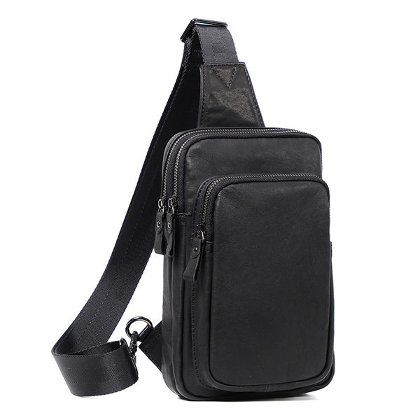 Túi đeo chéo trước ngực nam da bò thật 15×7×25 cm chống trộm — Màu đen