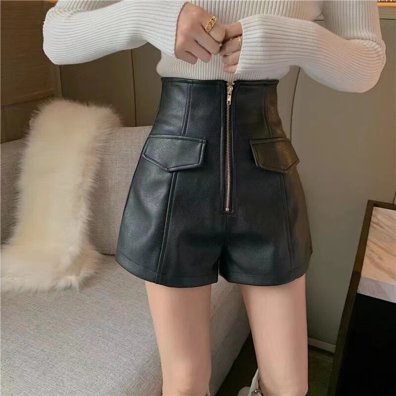 Bottoming Shorts plus size Boots Pants PU Leather High Waist Zipper Slimming chubby girl Autumn and Winter Korean Style Wide Leg Pants Women's Casual Outer Wear