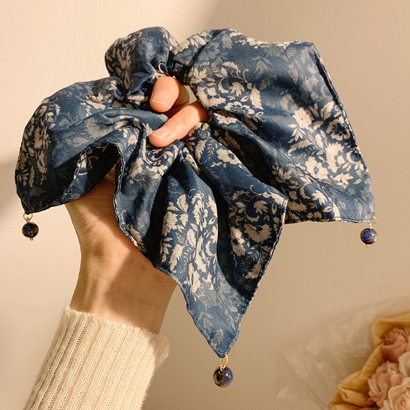 3# navy ink wash painting four-corner beaded square scarf hair tie, approximately 24cm