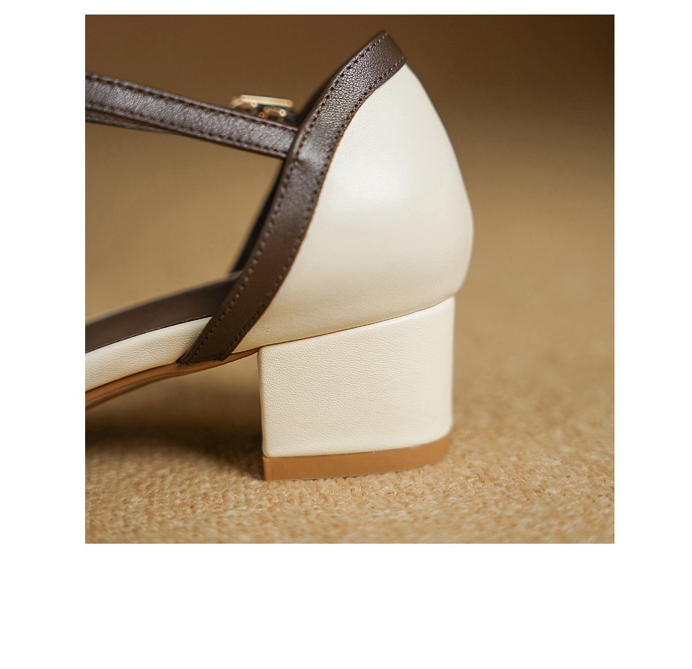 Sandal nữ mũi nhọn quai chữ T gót vuông cổ điển phối màu da bò — đen chi tiết 17