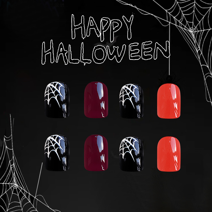 Unghie finte corte e luminose, ragnatela, zucca, arancione e rosso, semplici, armatura quadrata, manicure di Halloween, nuovo 24 pezzi_voghion.com