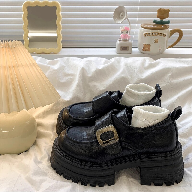 Velcro Leather Shoes Women's Thick Sole Thick High Heeled Shoes 2025 Spring New Retro JK British Style Round Toe Loafers