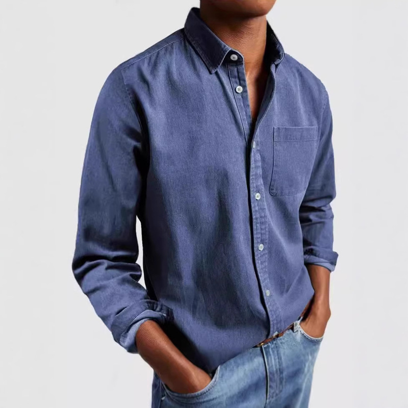 2026 Cross-Border Amazon Foreign Trade European and American Men's Clothing New Style Lapel Solid Color Shirt Men's Retro Long-Sleeved Shirt