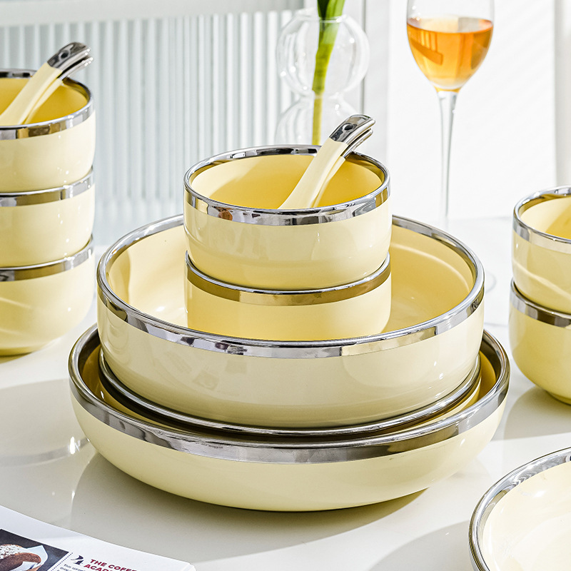 Tazón plato traje borde plateado plato de cerámica ins estilo crema amarillo hogar sopa tazón luz lujo inauguración traje de vajilla