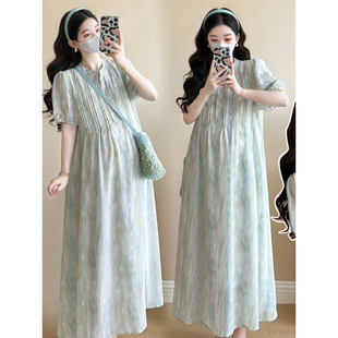Maternity Wear 2025 Summer Mint Mambo Chiffon Skirt Large Size Short-Sleeved Tie-Dye High-End Design Elegant Dress