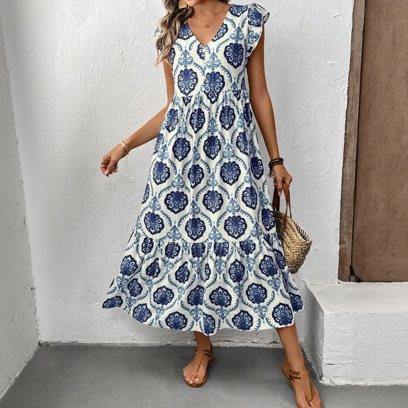Robe longue imprimée ample à col V profond style vacances K New Vacation Style_voghion.com