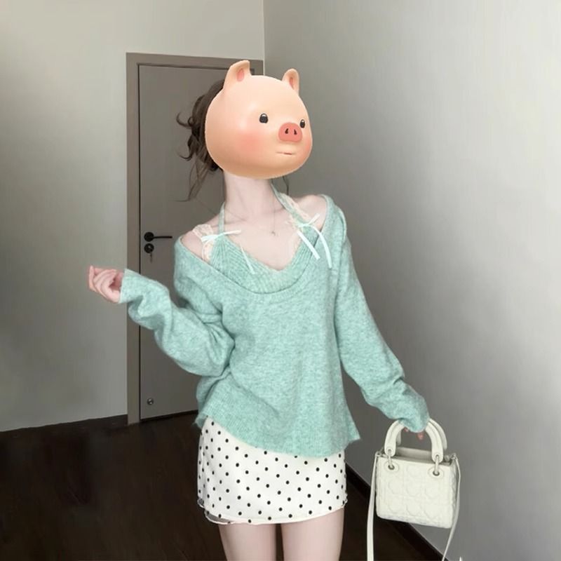 绿色挂脖毛衣女2025新款爆款早秋季穿搭法式针织衫上衣套装设计感|undefined