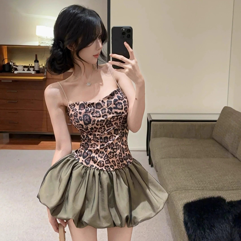 2025 New American Style Retro Spice Girl Leopard Print Stitching Sling dress Women's Slim-fit High Waist Tutu Skirt Women's Short Skirt 2025 New American Style Retro Spice Girl Leopard Print Stitching Sling dress Women's Slim-fit High Waist Tutu Skirt Women's Short Skirt