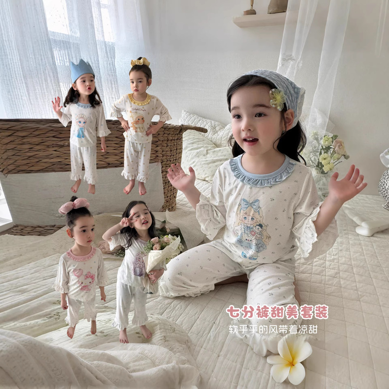 Heyhoney Children's Spring, Autumn, and Summer Three-Quarter Sleeve Set for Girls, Home Wear, Air Conditioning Clothing, Pajamas Heyhoney Children's Spring, Autumn, and Summer Three-Quarter Sleeve Set for Girls, Home Wear, Air Conditioning Clothing, Pajamas
