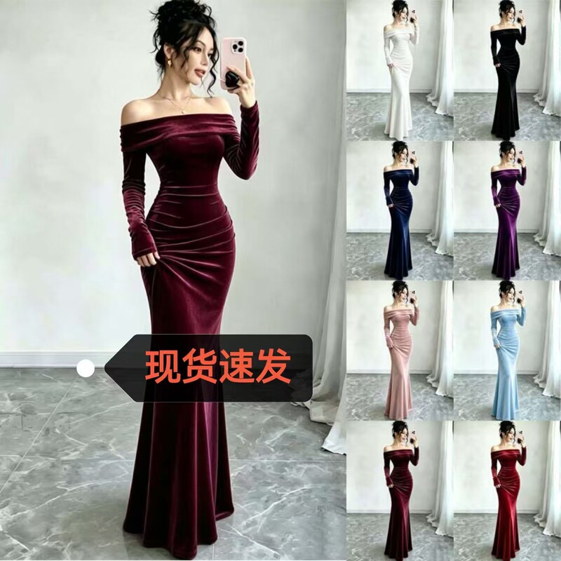 European and American cross-border autumn and winter new style gold velvet off-shoulder long-sleeve long bodycon dress elegant women's dress European and American cross-border autumn and winter new style gold velvet off-shoulder long-sleeve long bodycon dress elegant women's dress