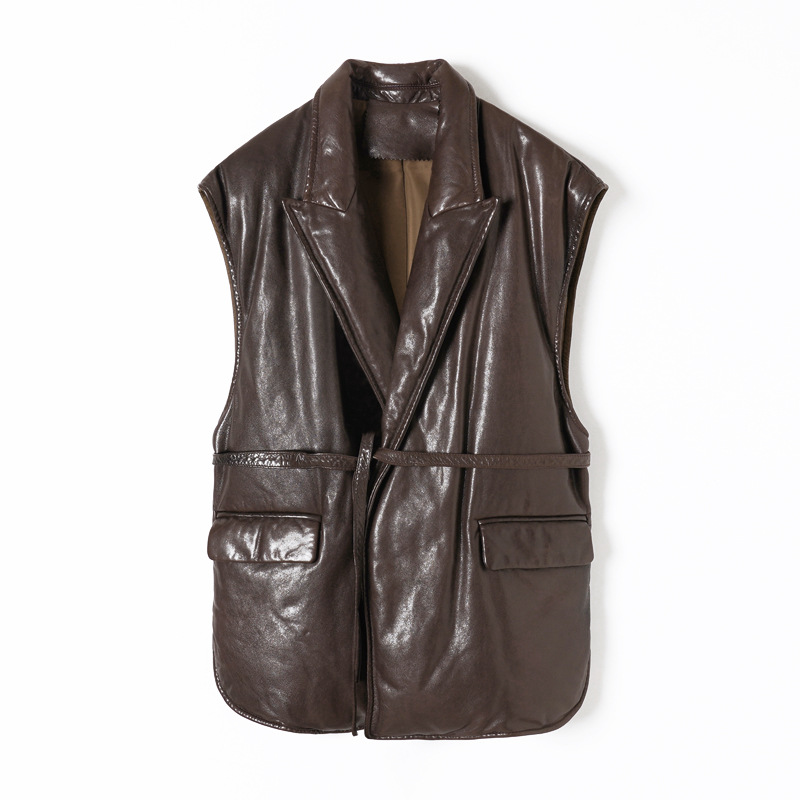 903 정품 가죽 의류 가을 및 겨울 새로운 수입 오일 왁스 양가죽 화이트 오리 다운 조끼 느슨한 프로필 캐주얼 조끼