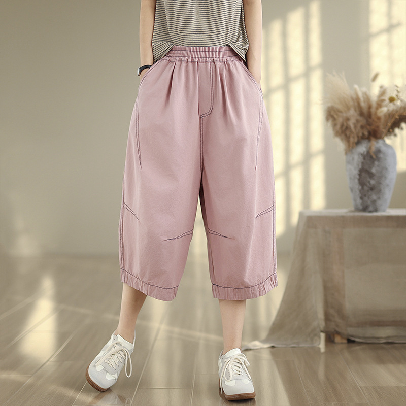 2025 Retro Stereo Splicing Cotton Casual Pants Women's Fashion Topstitch Wide-Leg Pants Slimming Look Loose Cropped Pants