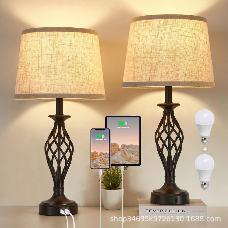 Modern Bedroom Table Lamp with Spiral Cage, USB C+A Ports, Fabric Lampshade, Suitable for Living Room, Bedroom, Reading, and Bedside Table