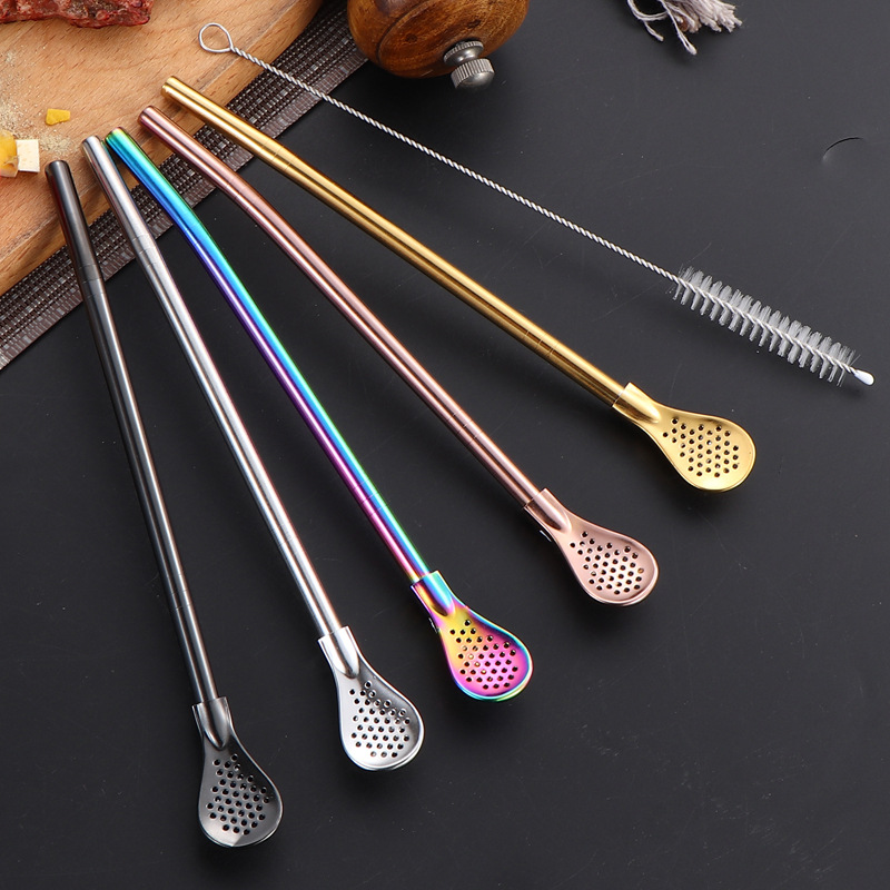 Cuchara de paja de acero inoxidable 304 doble propósito desmontable filtrado café té de leche cuchara de paja artefacto medioambiental