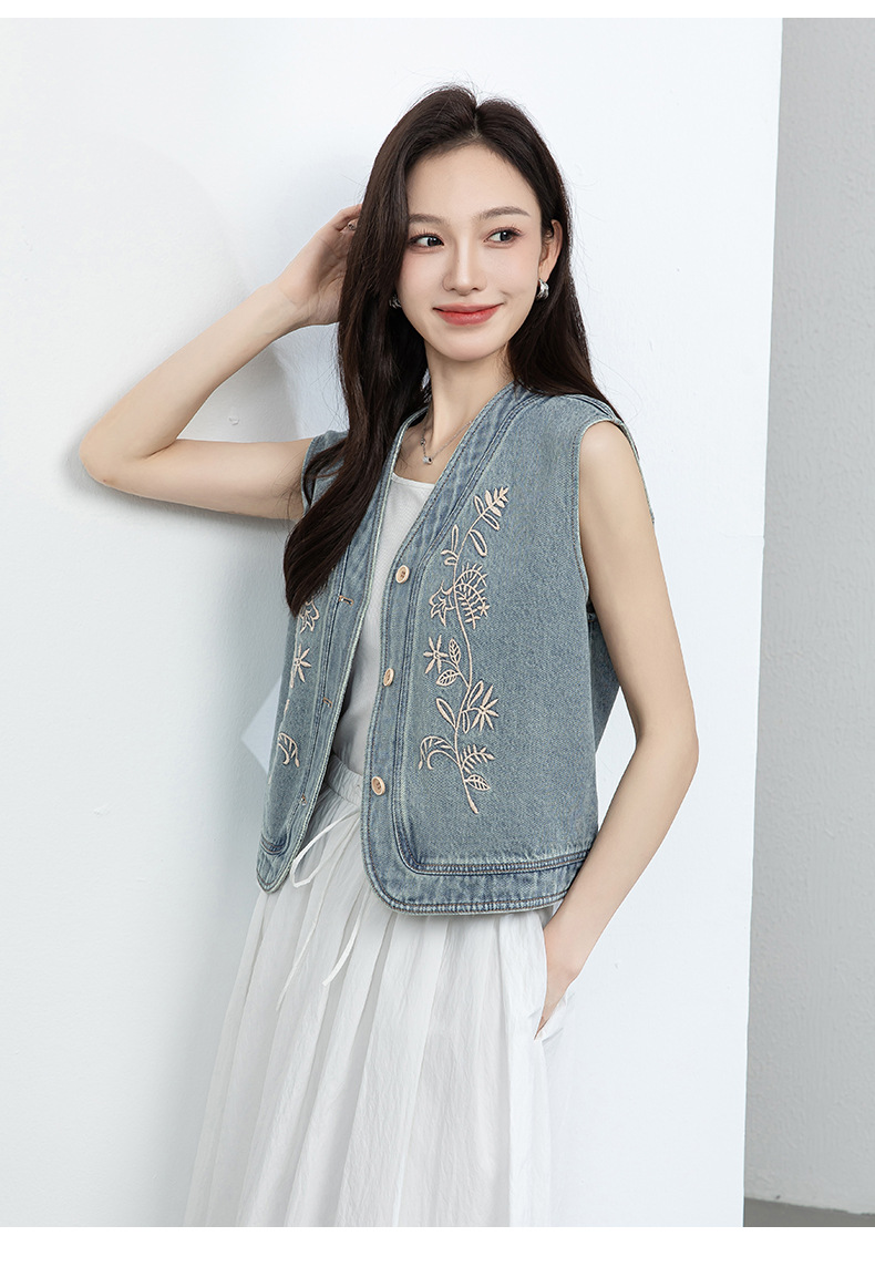 Áo vest denim thêu hoa nữ không tay, phong cách rộng thoải mái — xanh lam chi tiết 17