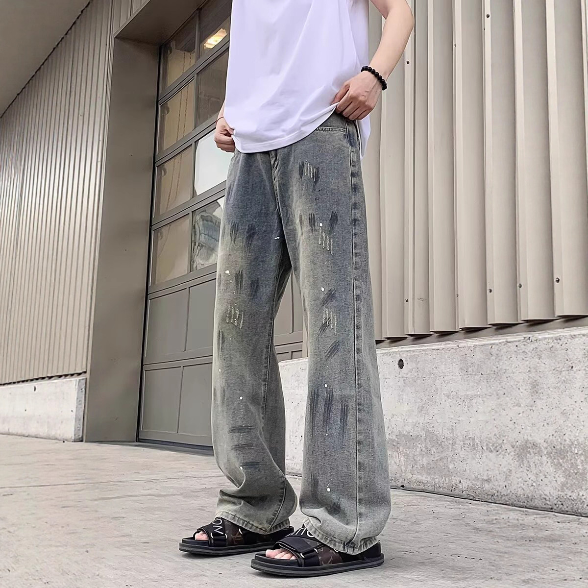 高街vibe泼墨涂鸦牛仔裤男秋冬季设计感小众潮牌宽松直筒阔腿裤子