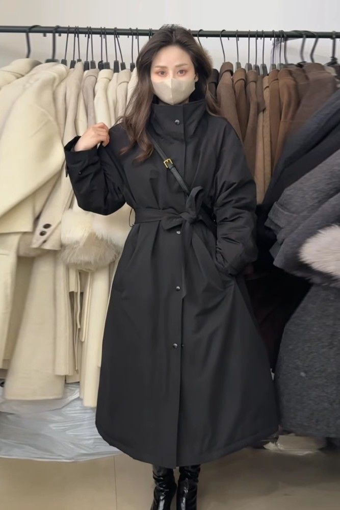 黑色韩系中长款立领风衣羽绒棉服女2025冬季新款宽松收腰外套上衣