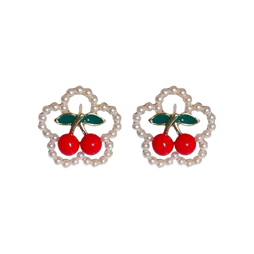 S925 Silver Pin Red Cherry Pearl Earrings for Women, Japanese Style, Fresh, Cute, Sweet, Unique Design, Wholesale Earrings