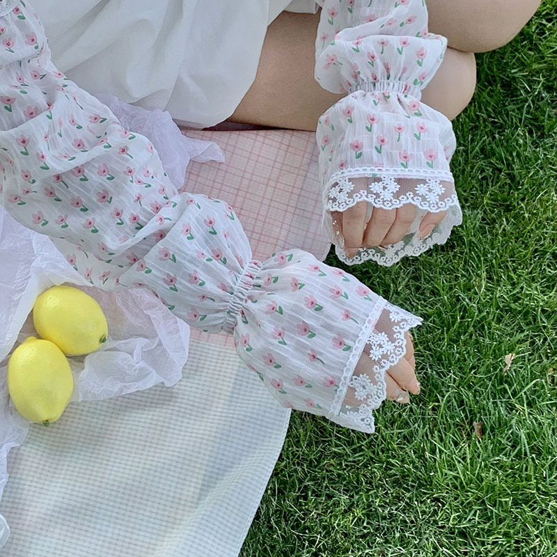 Mangas de hielo, mangas de protección solar, verano femenino, fresco, floral pequeño, encaje francés, sombreado, viaje en bicicleta, juego de máscara de manga de hielo