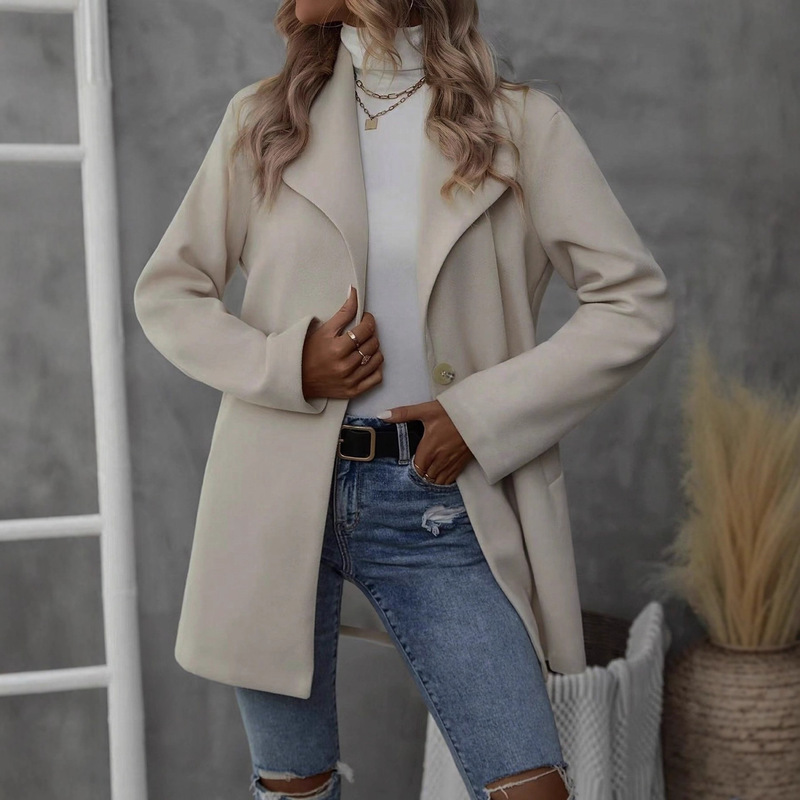 Women's Cream Color Waterfall Collar Long Sleeve Regular Coat with Pockets Non-Elastic Fabric Fashion All-Match Outerwear