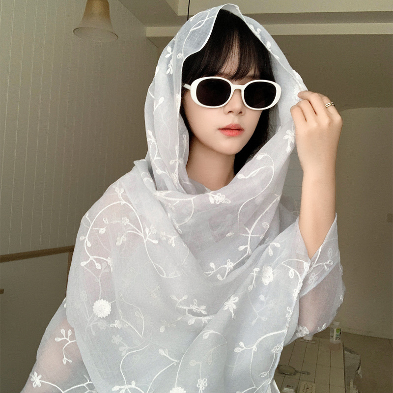 Bufanda de seda bordada, ambiente coreano, color sólido, todo fósforo, pañuelo en la cabeza, bufanda de cuello multiusos, hebilla de placa de protección solar, chal exterior