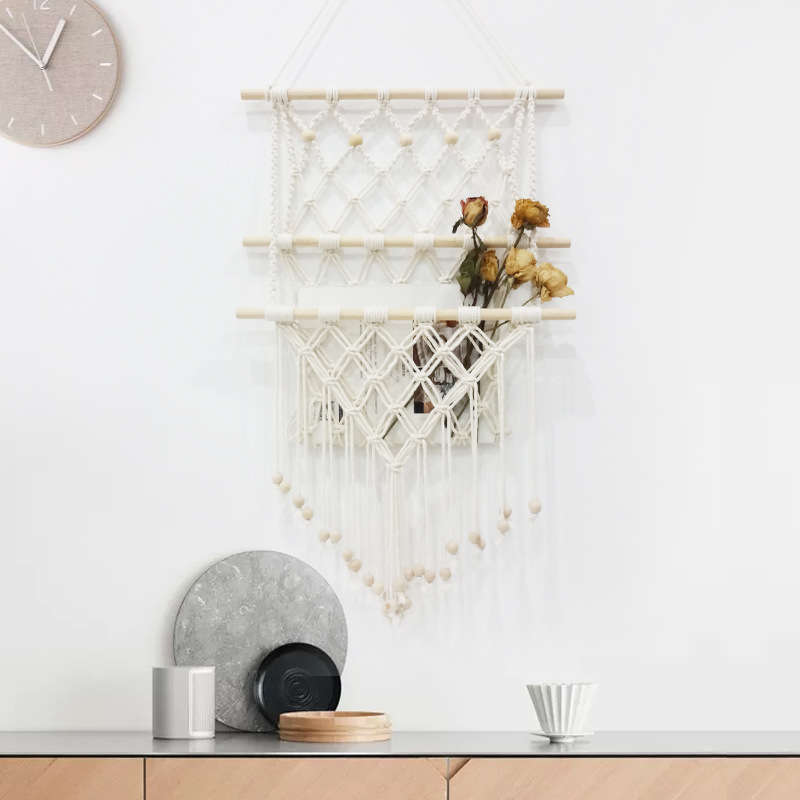 居家装饰杂志兜挂兜棉绳编织置物架 墙装饰品收纳架 挂毯杂志书架