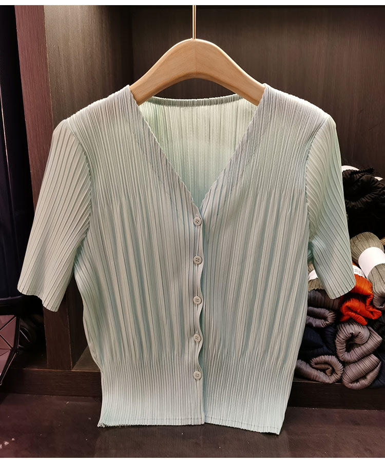Áo cardigan cổ chữ V tay ngắn nữ phối nút đơn chất liệu mỏng mùa xuân hè — Màu xanh lục nhạt, Màu đen, Màu tím nhạt, Màu hồng chi tiết 17