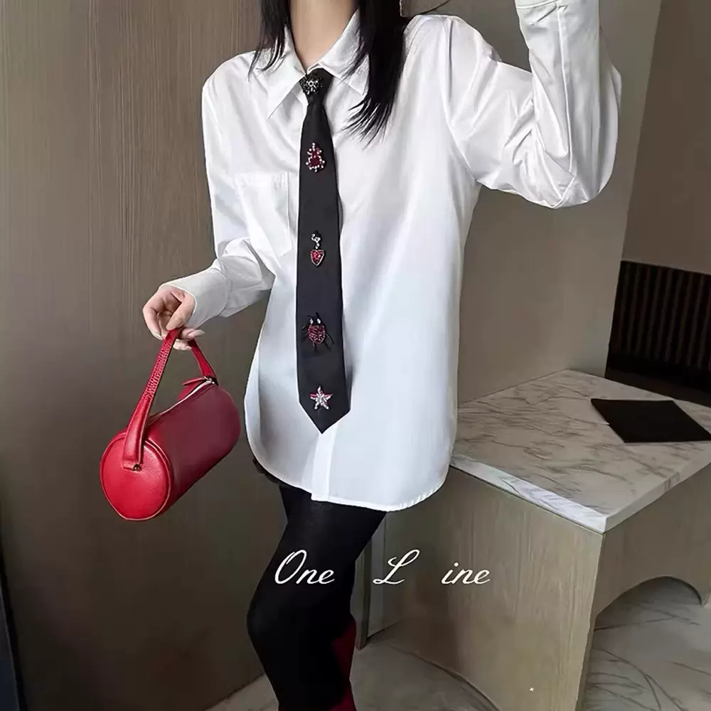 南油高端春季新设计师女式衬衫时髦洋气带烫钻领带休闲长袖衬衫女