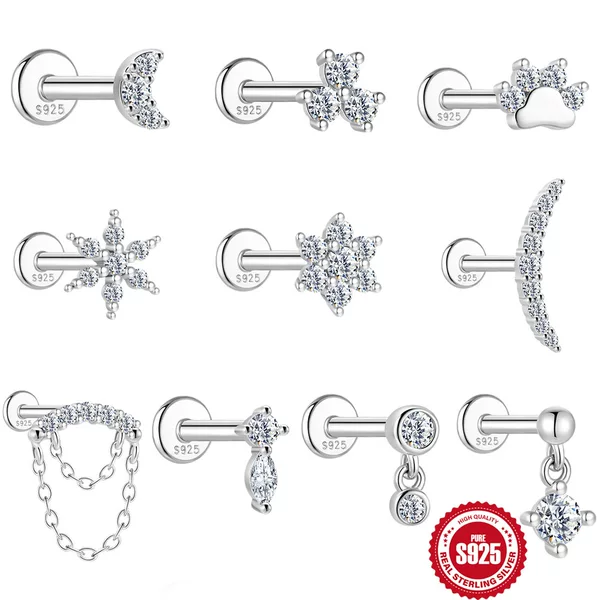 S925 Sterling Silver Moon Snowflake Star Dog Paw Moissanite Flat Tassel Threaded Piercing Ear Bone Stud Earrings