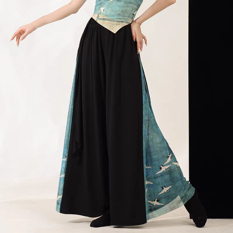 新しいスタイルの古典的なダンスの青蛇中国式のふわふわしたガーゼの服のプリントのズボンのスカートの中国風の現代的なダンスの演出の練習服|undefined