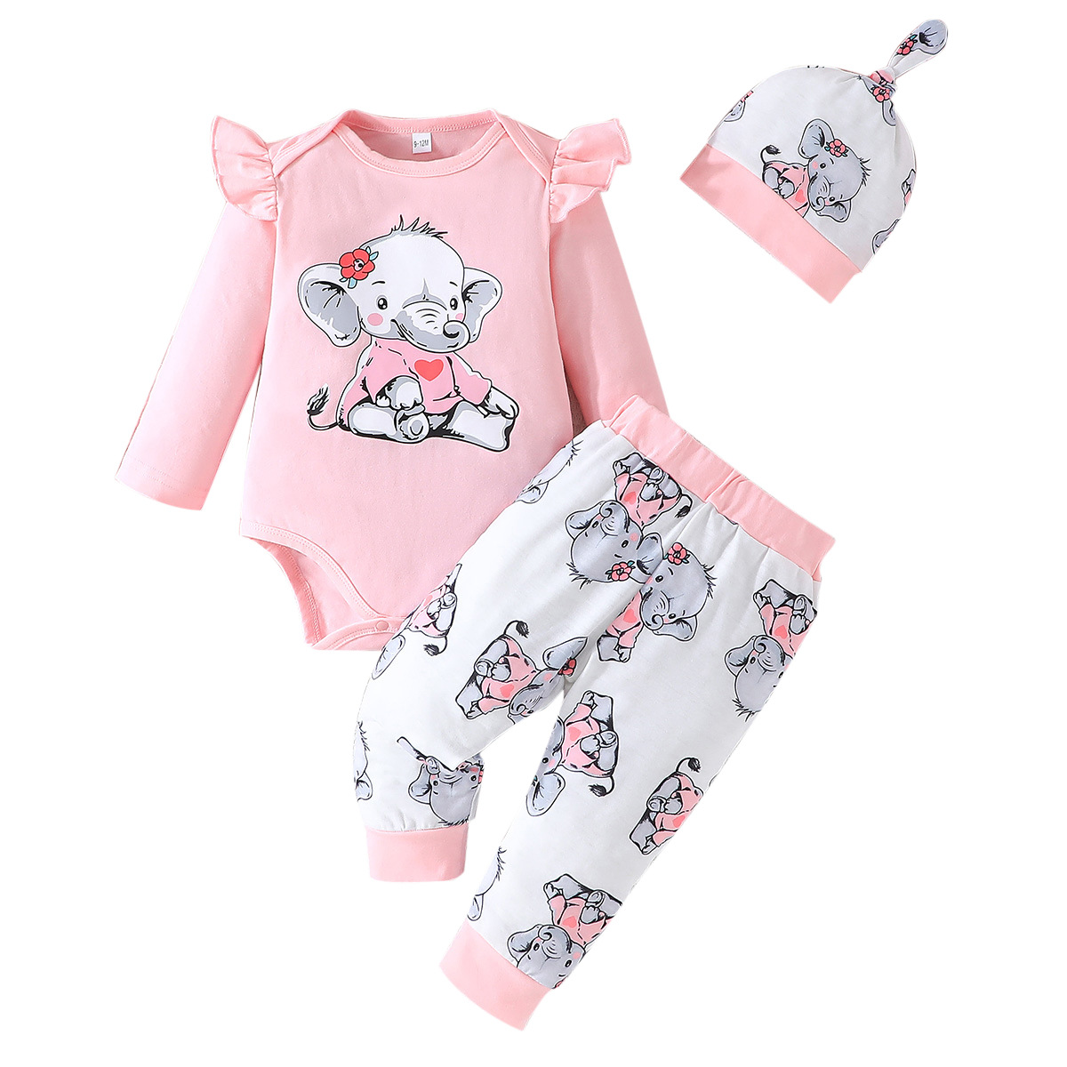 Nouveau haut mignon d'éléphant + pantalon imprimé + chapeau trois pièces pour filles automne 2024 INS_voghion.com
