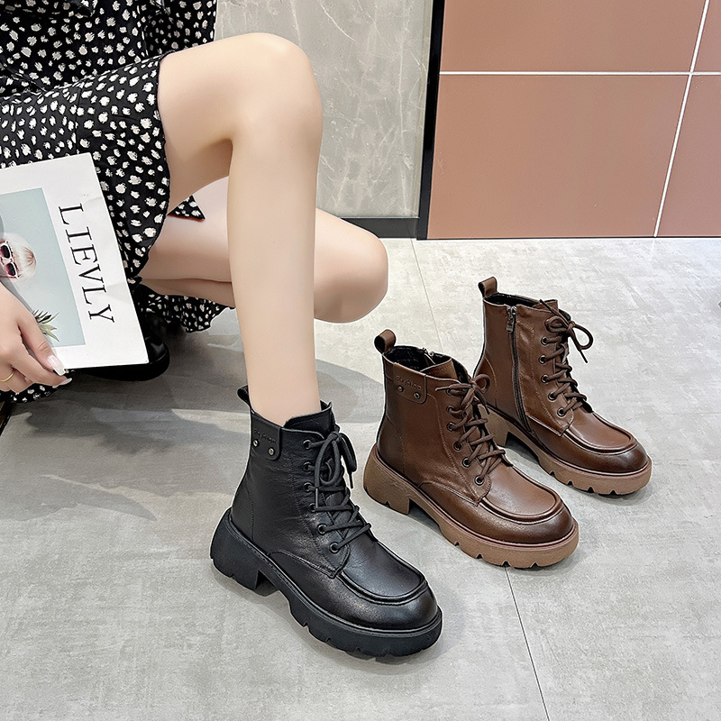 ShoeVault First Layer Cowhide Martin Boots For Women, Autumn And Winter Vintage British Style Casual Short Round Toe Mid-Calf_vogvips.com