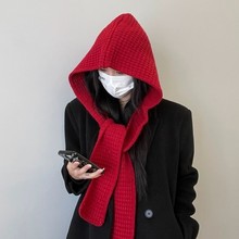 韩系披肩搭配氛围感针织连帽冬季保暖帽子围巾一体针织护耳毛线帽