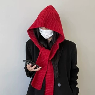 韩系披肩搭配氛围感针织连帽冬季保暖帽子围巾一体针织护耳毛线帽