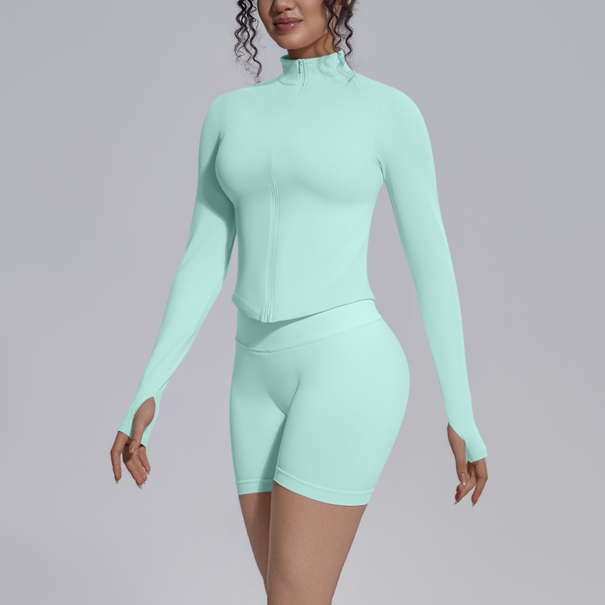 Cross-border sin costuras color sólido apretado elástico transpirable de cuello vertical chaqueta con cremallera deportiva correr fitness yoga set mujer