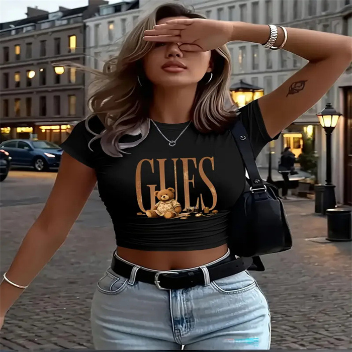 Casual Women's Cropped Printed T-Shirt round Neck Loose Fit Short Sleeve plus Size European American Style Top_ecoleips.com