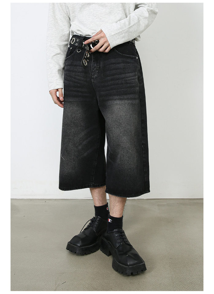 Quần jean nam ống rộng lửng 7/10 phong cách Hàn, lưng cao thoải mái — Làm cũ, Màu trắng, Màu xanh denim thô, Màu đen thô chi tiết 14