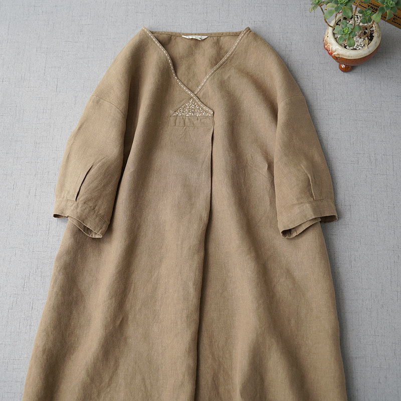 Artistic Cotton and Linen V-Neck Dress Plus Size Women's Clothing 2026 New Summer Design Linen Long Dress Short Sleeve