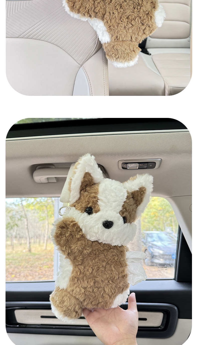 Cute Corgi Car Tissue Box Plush Toy Doll Car Hanging Tissue Bag Popular Car Decoration Accessories