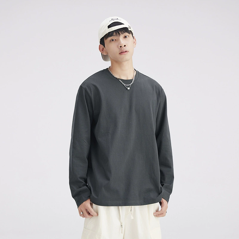 260g тяжелая мужская футболка с длинным рукавом 2024 новый хлопковый свитер с круглым вырезом весной и осенью