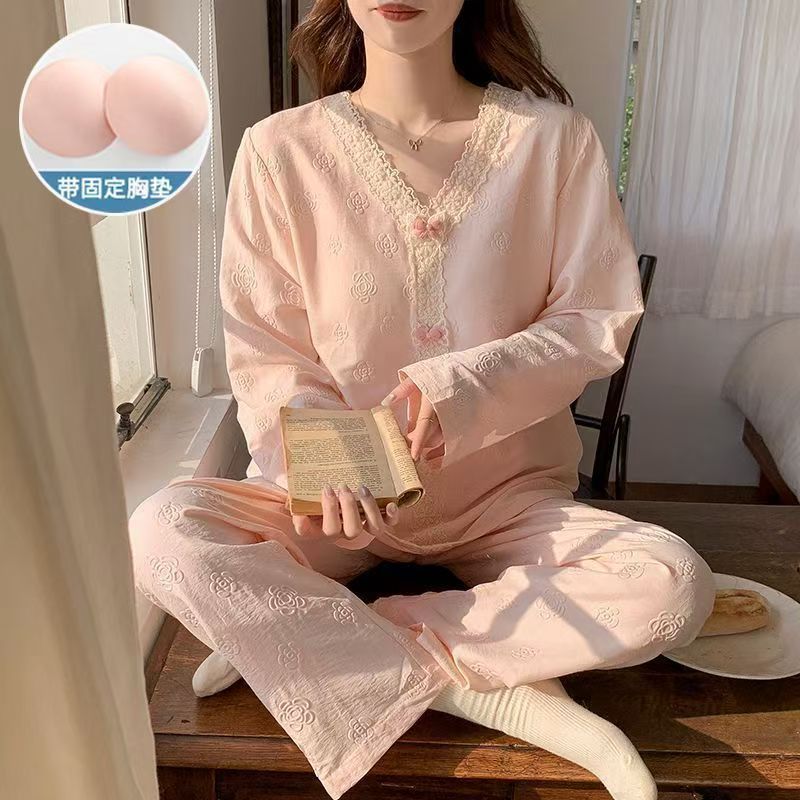 2025 Spring, Summer and Autumn Pajamas with Breast Pads for Women, Sweet Bra-Free Home Clothes, Best-Selling Set, Large Quantity Discount