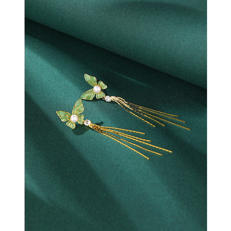 Japonés y coreano s925 plata ZIRCON pendientes moda gota aceite mariposa perla pendientes largos borla pendientes fábrica suministro directo