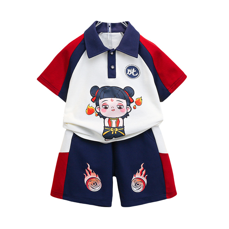 7202 traje de dibujos animados para niños guapos verano manga corta para niños Nezha 2025 nuevos pantalones cortos para bebés camisa POLO marea