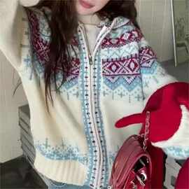 韩系复古软糯费尔岛提花连帽拉链针织毛衣开衫外套女2025秋冬新款