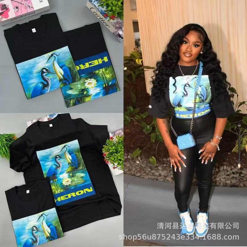 230g Cross-Border European and American Style Animal Print Short-Sleeved T-Shirt for Women, Trendy Street Fashion, Loose Heavyweight Pure Cotton Top