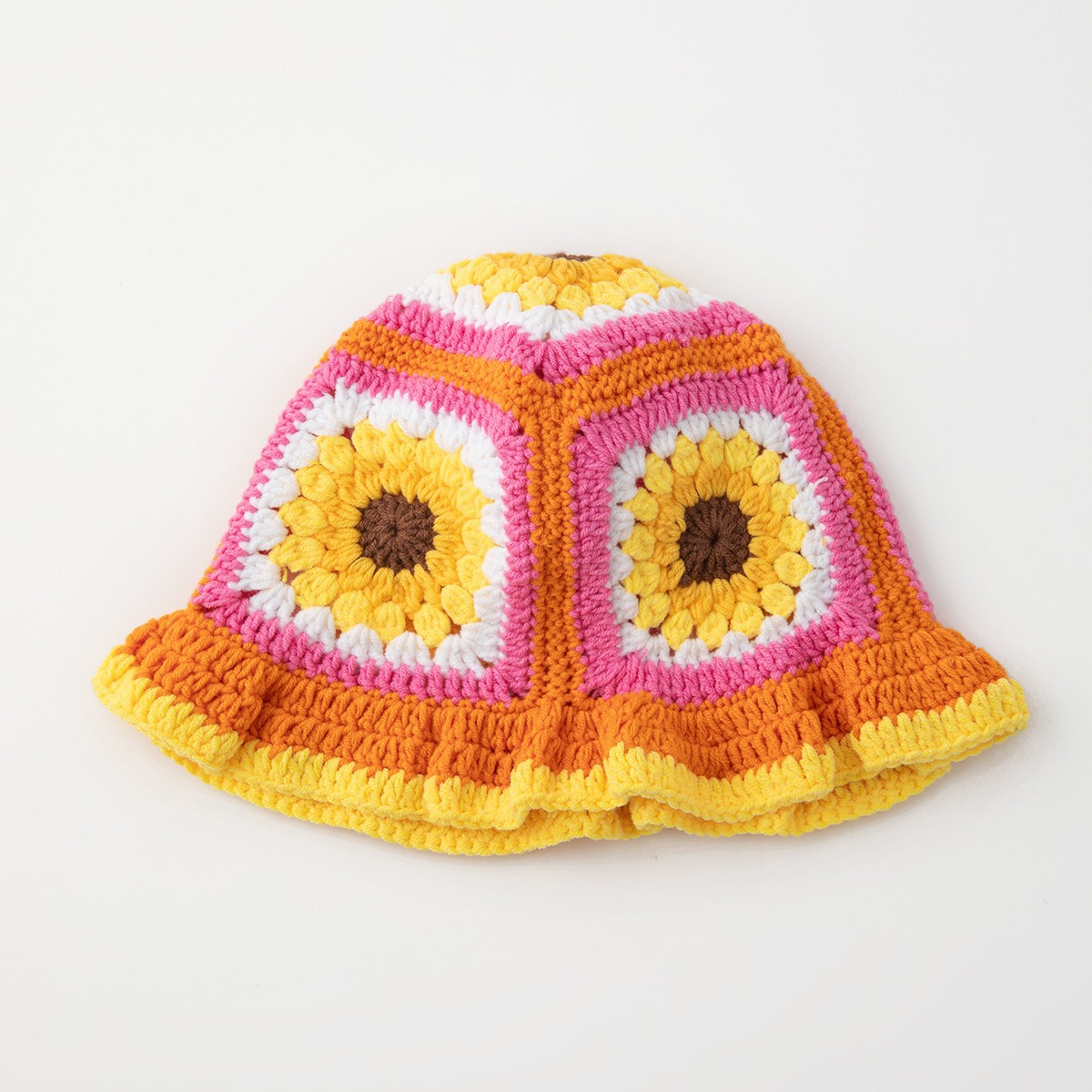 Cappello da pescatore a forma di girasole lavorato all'uncinetto a mano con motivo in pizzo, berretto rotondo in stile boho vintage per autunno e inverno, cappello retrò patchwork_voghion.com