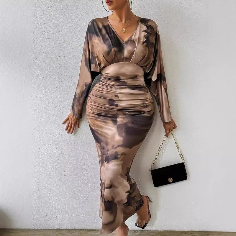2024 Cross-border shein Amazon Autumn New V-neck Pleated Women Sexy Slim-fit Bat Sleeve dress
