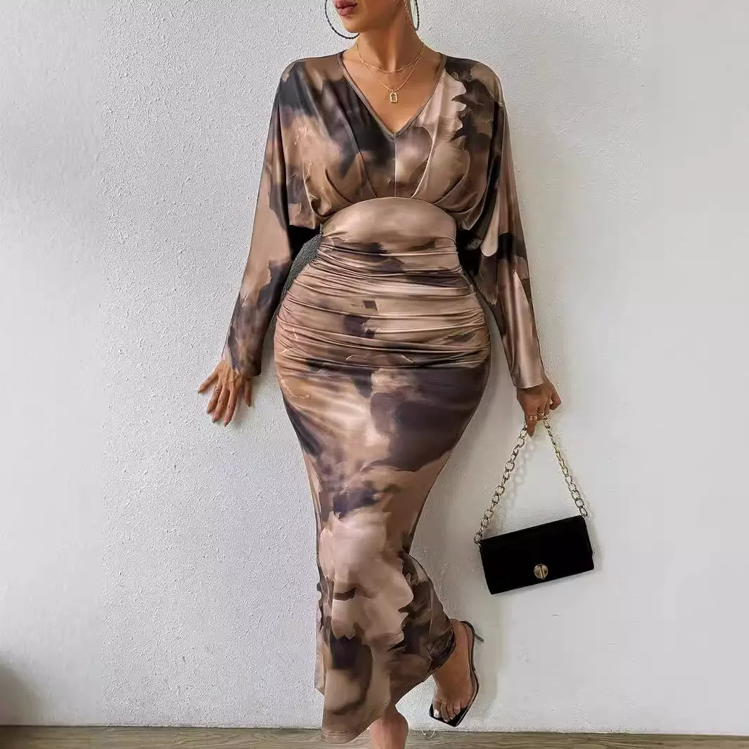 2024跨境shein亚马逊秋季新款V 领褶皱女士性感修身蝙蝠袖连衣裙