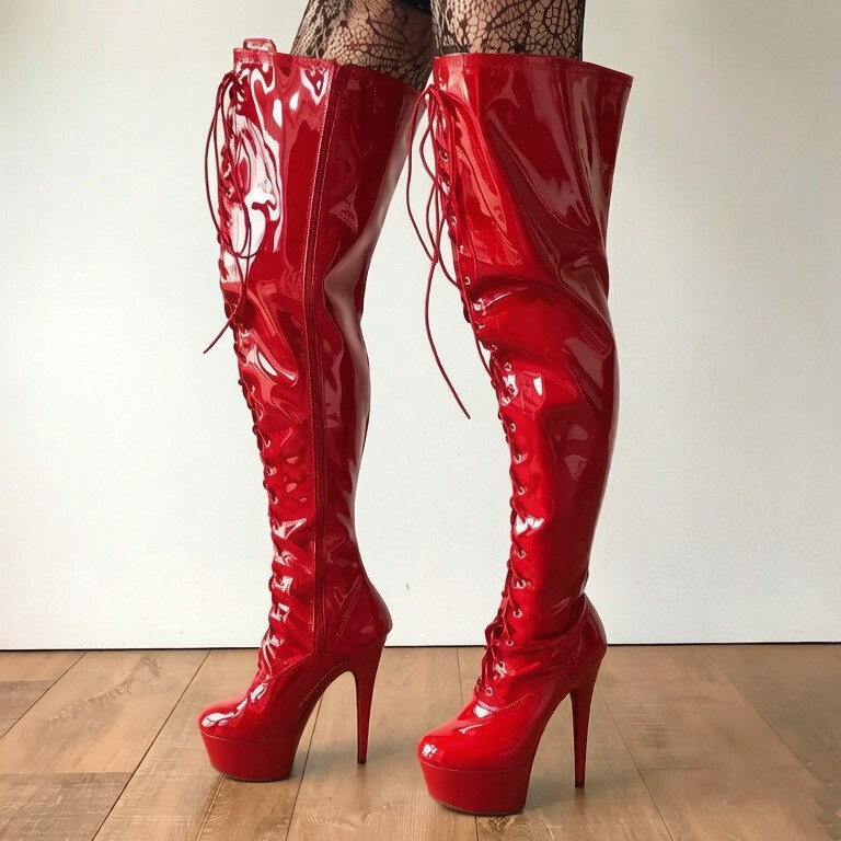 Amazon Ultra-High Heel Women's Shoes 20cm Waterproof Platform Over-The-Knee Boots with Thin Heels, Patent Leather, Front Lace-Up, Black Thigh-High Boots Amazon Ultra-High Heel Women's Shoes 20cm Waterproof Platform Over-The-Knee Boots with Thin Heels, Patent Leather, Front Lace-Up, Black Thigh-High Boots